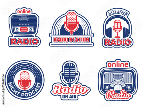 Radio show badges. Air podcast audio studio logo music radio station vector  labels set collection isolated. Radio badge sound, microphone logo  illustration vector de Stock | Adobe Stock