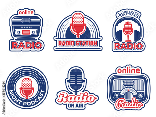 Radio show badges. Air podcast audio studio logo music radio station vector labels set collection isolated. Radio badge sound, microphone logo illustration
