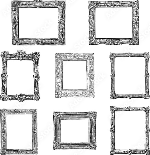 Vector sketches of various ornate carved wooden frames in baroque style