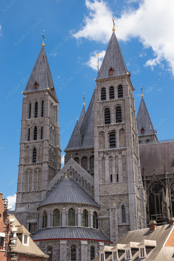 View of the southern transept with several towers of the Tournai Cathedral