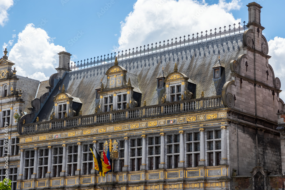 Abundantly decorated facade of the Cloth Hall at the Main Square of Tournai