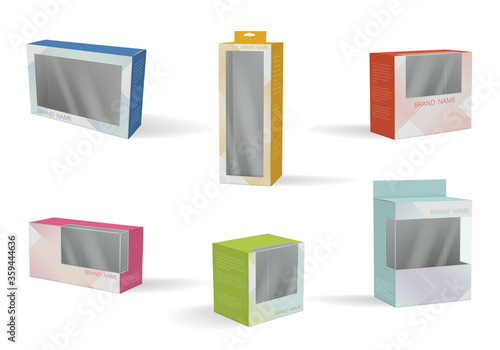 Cosmetic package. Modern label design for product plastic gift box vector illustrations. Box product package, promotion pack container