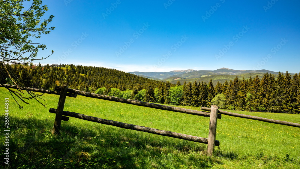 Wooden fence on a mountain pasture in beautiful green forested hilly landscape, Krkonose mountains, Czech Republic, Poland
