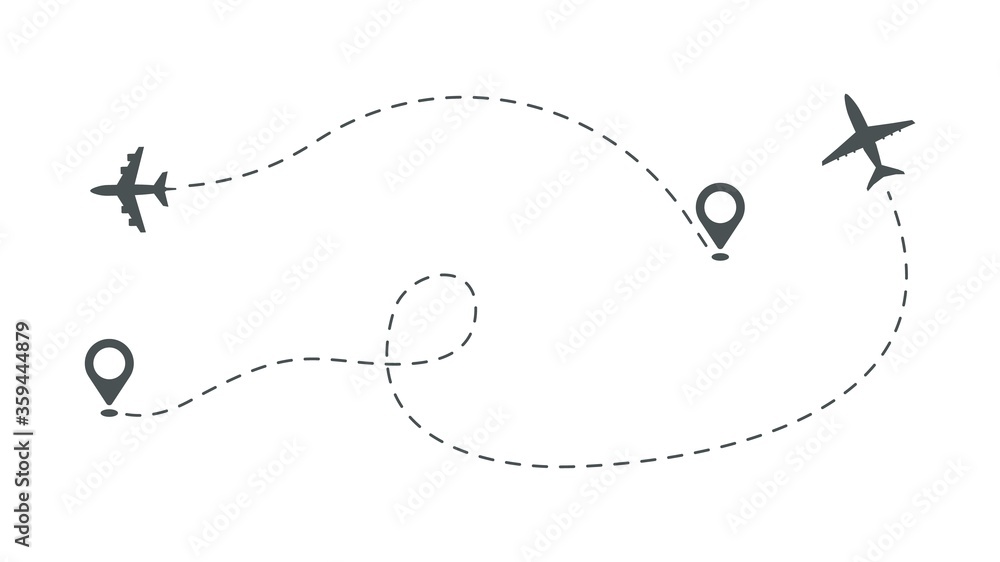 Plane take off. Aircraft path, airplane isolated route vector illustration. Flight aircraft, airplane travel path, jet route line dots Plane take off. Aircraft path, airplane isolated route vector illustration. Flight aircraft, airplane travel path, jet route line dots