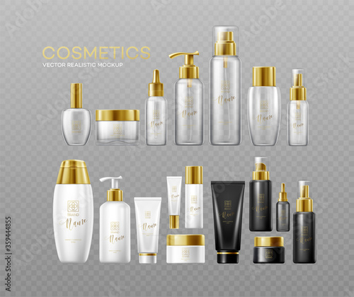 Set of mockup template white, black and glass cosmetic bottles with gold caps isolated on a dark background. Real transparency effect. Vector illustration