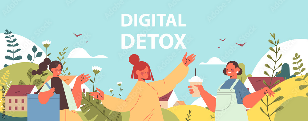 Fototapeta premium people walking outdoor drinking coffee women spending time without gadgets digital detox concept abandoning internet social networks landscape background horizontal vector illustration