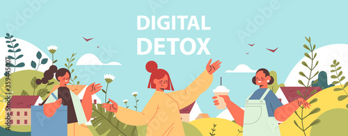 people walking outdoor drinking coffee women spending time without gadgets digital detox concept abandoning internet social networks landscape background horizontal vector illustration