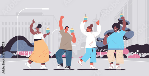 mix race people walking outdoor drinking coffee spending time without gadgets digital detox concept abandoning internet social networks cityscape background horizontal vector illustration