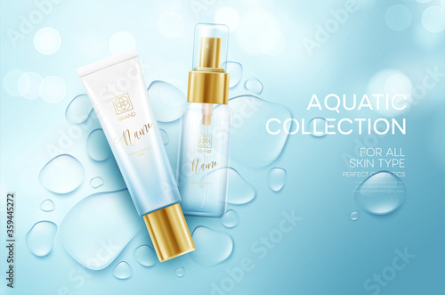 Cosmetics on a background with water drops. Moisturizing Face Cream Design Template. Vector illustration