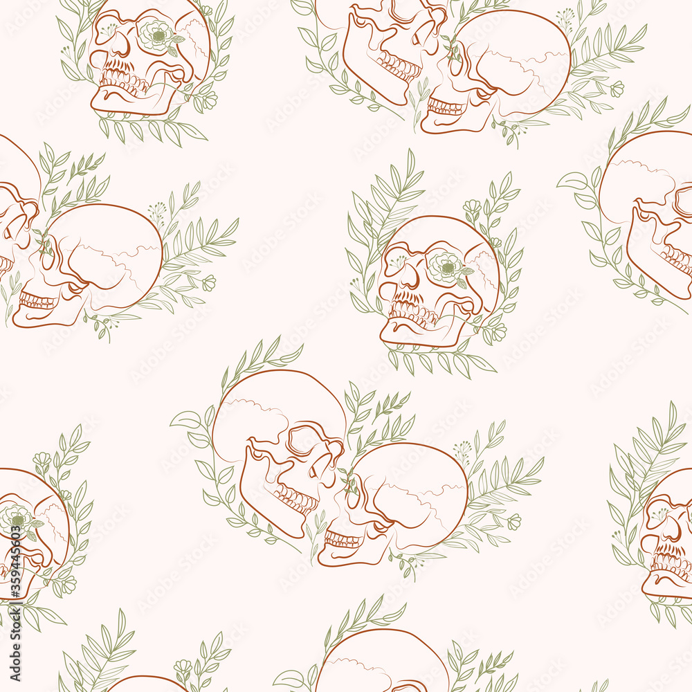 Vintage Seamless pattern with floral human skulls. Editable vector illustration.