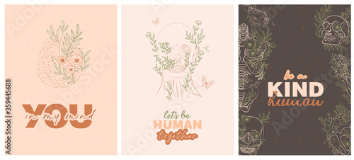Set of trendy posters with floral human anatomy skeleton and organs and typography inspiration quotes about life. Editable vector illustration.
