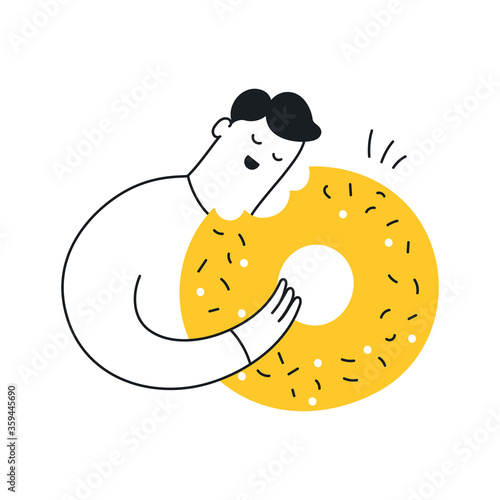 Man is eating a donut, perks concept. Encouragement, promotion or stimulation, user benefit, break time icon concept. Cute cartoon linear design style, flat isolated vector illustration on white