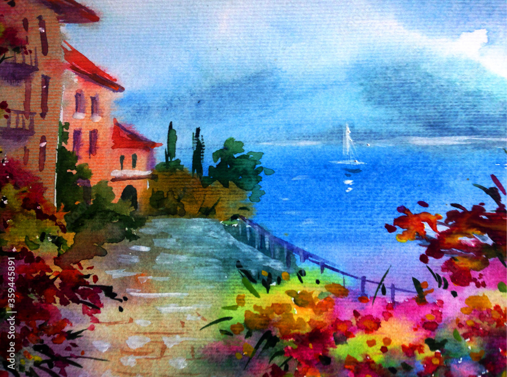 Fototapeta Watercolor colorful bright textured abstract background handmade . Mediterranean landscape . Painting of architecture and vegetation of the sea coast , made in the technique of watercolors from nature