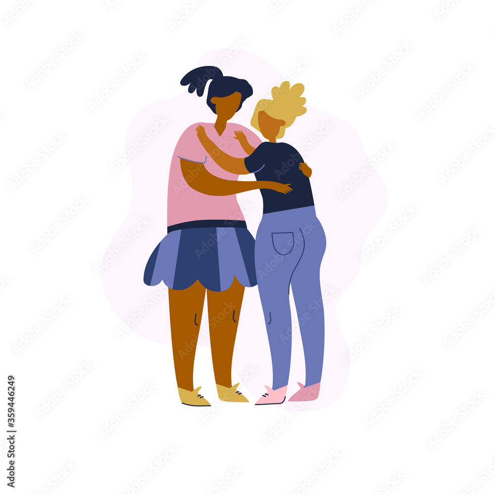 Dark-skinned couple. Girl hug woman, she holding hands on her shoulders. Cute cartoon characters isolated on white background. Female friendship concept. Stock vector illustration Dark-skinned couple. Girl hug woman, she holding hands on her shoulders. Cute cartoon characters isolated on white background. Female friendship concept. Stock vector illustration