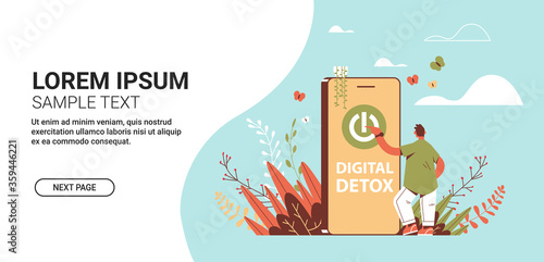 man press power button on smartphone screen digital detox vacation travel adventure concept abandoning internet and social networks copy space horizontal full length vector illustration