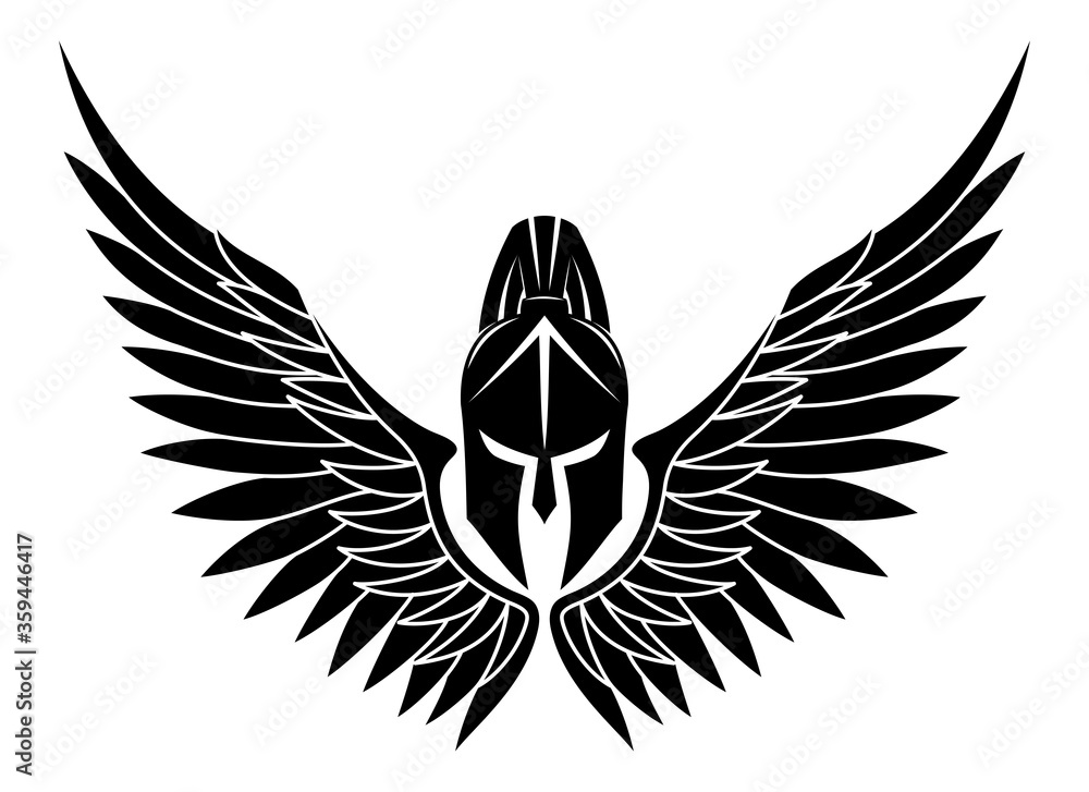 Black Spartan helmet with wings on a white background. Stock Vector