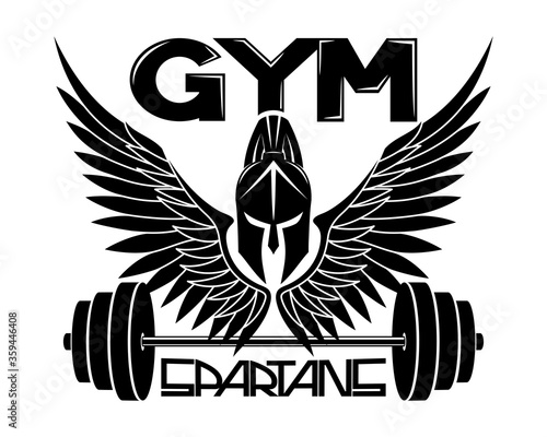Gym sign with Spartan helmet and wings on a white background.