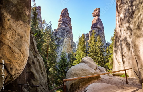 Fototapeta Naklejka Na Ścianę i Meble -  Famous monumental sandstone rock formation on the marked walking path in nature tourism destination - Adrspach rock city, Czech Republic, Europe