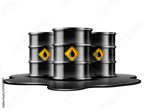 Black barrels with oil drop label on spilled puddle of crude oil.