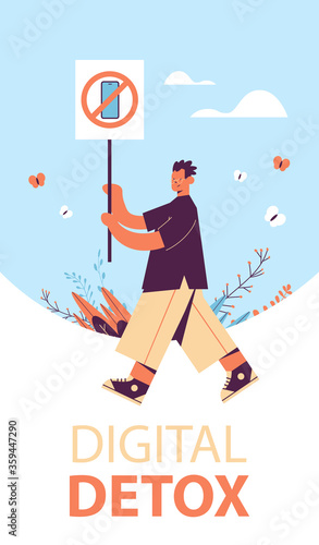 man holding banner with sign prohibiting use smartphone digital detox concept gadget in crossed-out sign healthy lifestyle vertical full length vector illustration