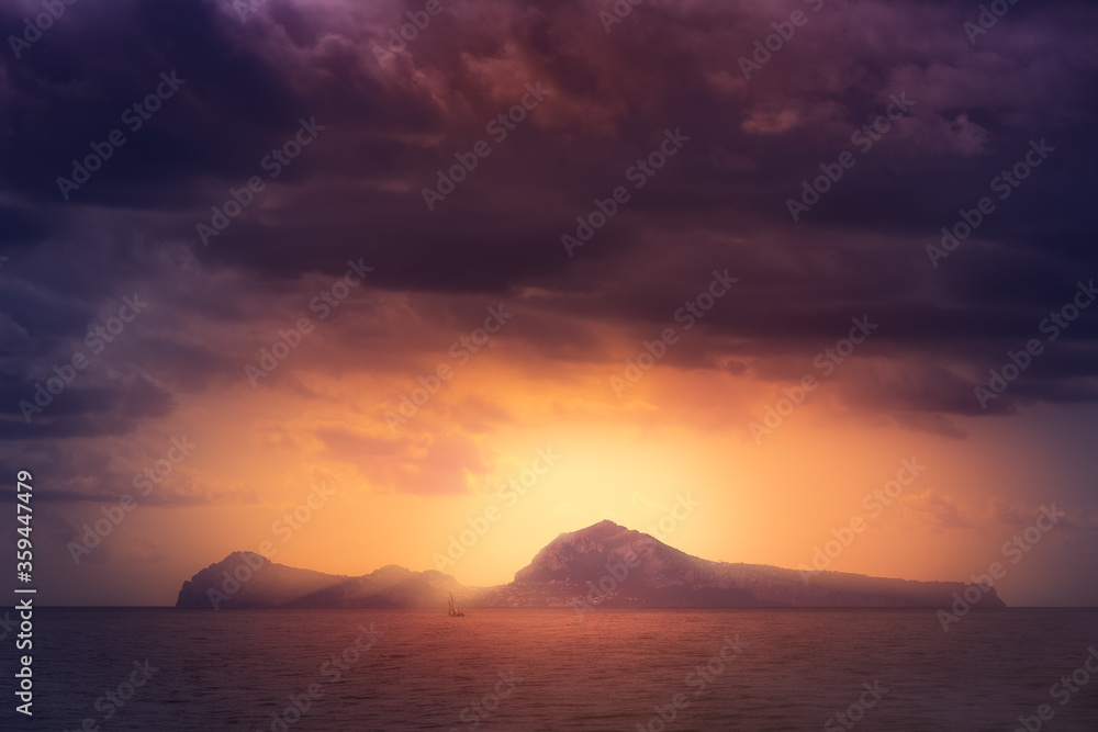 capri island silhouette at sunset