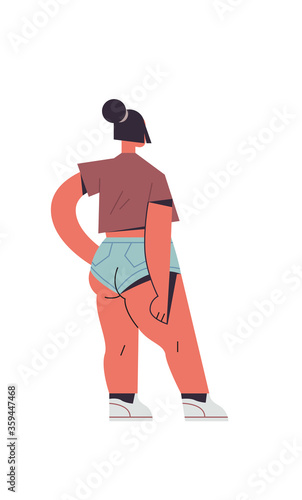 rear view fat obese girl in casual trendy clothes overweight female cartoon character standing pose full length isolated vertical vector illustration