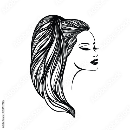 Hair salon and beauty studio logo.Beautiful woman with ponytail wavy hairstyle and elegant makeup.Profile view smiling portrait.Young lady head.