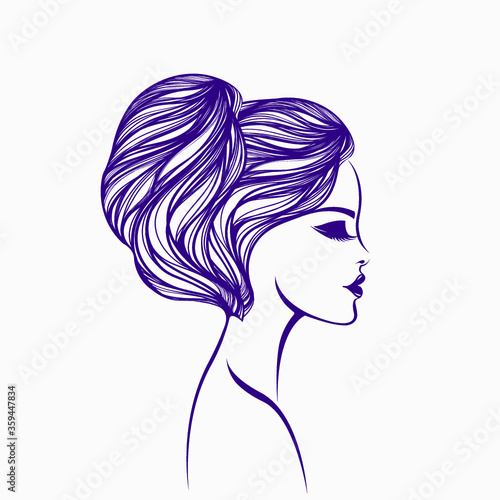 Hair salon and beauty studio logo.Beautiful woman with wavy hairstyle and elegant makeup.Long eyelashes.Closed eyes young lady face.Retro style.