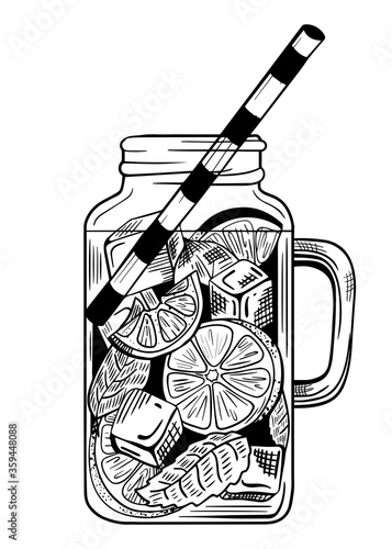 Mojito cocktail with slices of lime, mint and ice cubes. Cold drink. Sketch, hand-drawing. Vector illustration