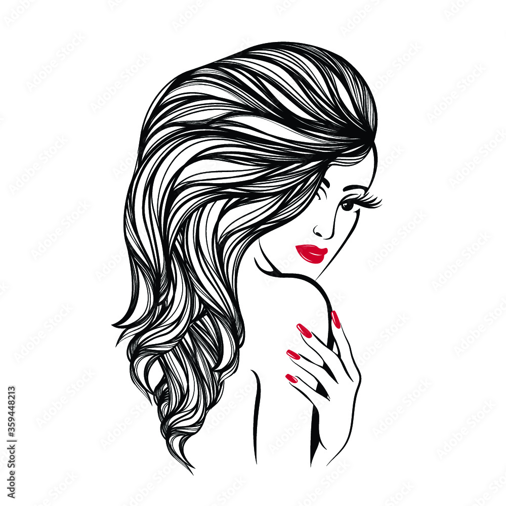 Hair salon, nails art and beauty studio  woman with long,  wavy hairstyle, elegant makeup and  eyelashes, red lipstick  and nail  lady. Stock Vector | Adobe Stock