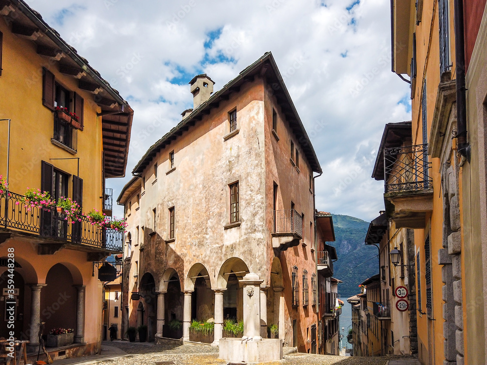 Medieval Building by day in Cannobio, an small town at the shores of the Lago Maggiore in Italy
