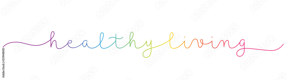HEALTHY LIVING rainbow vector monoline calligraphy banner with swashes