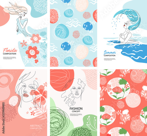Set of fashion banners. Woman with long hair. Woman in the water. Girl shakes her hair.