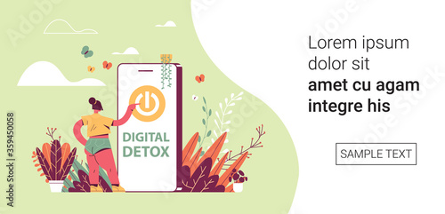woman press power button on smartphone screen digital detox vacation concept girl abandoning internet and social networks copy space horizontal full length vector illustration