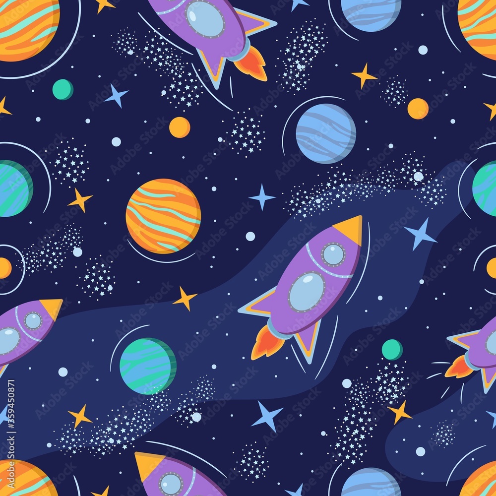 Colorful space seamless pattern with rockets, planets, stars and galaxy. Childish vector illustration of cosmos. Colorful space seamless pattern with rockets, planets, stars and galaxy. Childish vector illustration of cosmos.