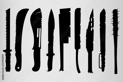 Set of nine cyberpunk weapons, swords, maces, axes. Homemade weapons made of nails, pipes, fittings, etc. Cold cyberpunk weapons. Weapons from the future, post-Apocalypse.
