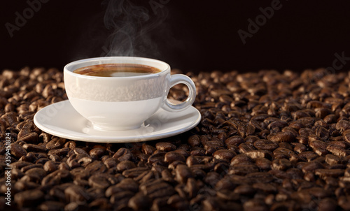 Hot black aromatic coffee cup drink, freshly shiny roasted arabica or robusta beans texture, dark composition design background. Aroma crema espresso coffee beverage close-up advertising illustration