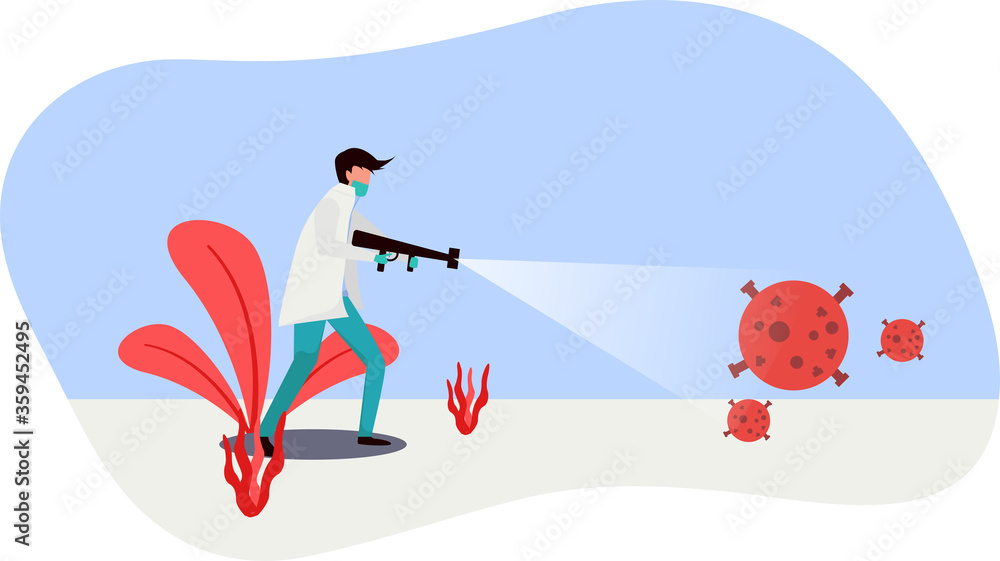 Doctors struggle to clean the coronavirus with desinfectant spray. prevent the concept of the spread of the plague. vector flat illustration design