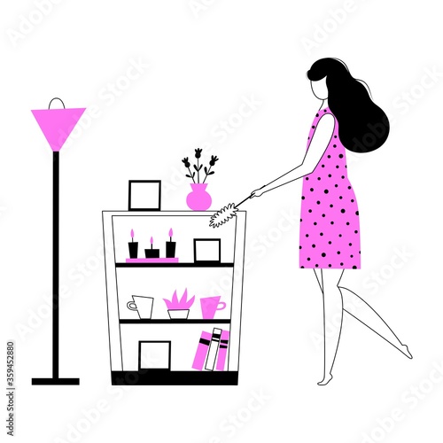 Girl doing housework, young woman housekeeper or maid dusting off - Housewife character doing the cleaning - Vector illustration isolated