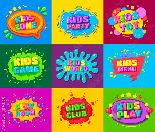 Kids zone, toy, party, game, world, menu, club, play room bright banner, poster, flyer set.