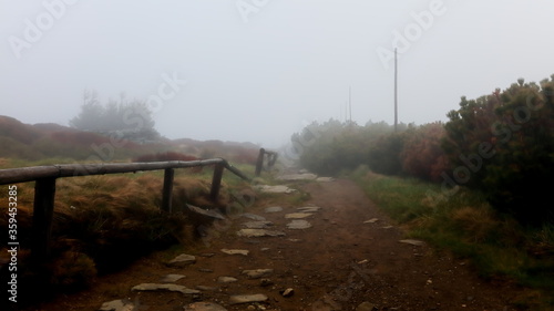 Mountain walking path covered in clouds, foggy weather, Keprnik, Jeseniky, Czech Republic