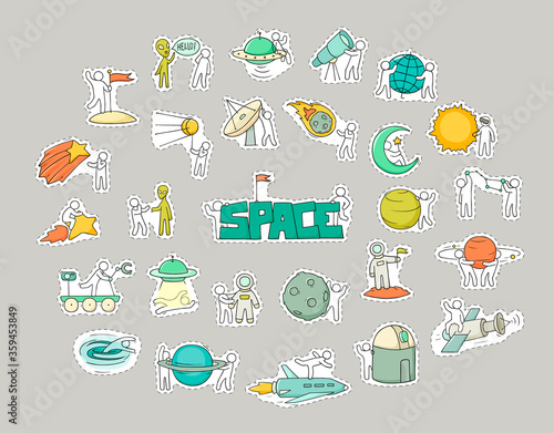 set of sketch little people with space objects.