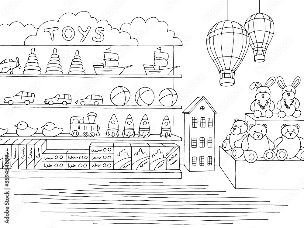 Toy shop graphic black white interior sketch illustration vector