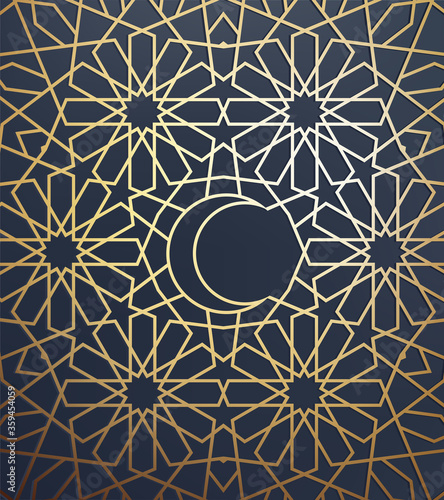 Islamic arabic background. Gold traditional pattern. Greeting card, invitation for muslim community holy month Ramadan Kareem. Vector illustration