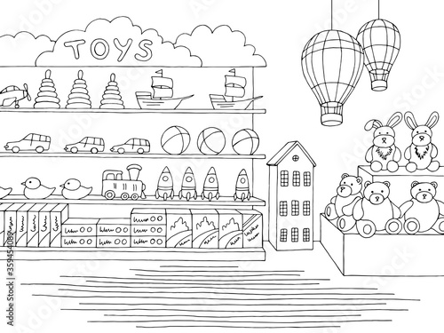 Toy shop graphic black white interior sketch illustration vector
