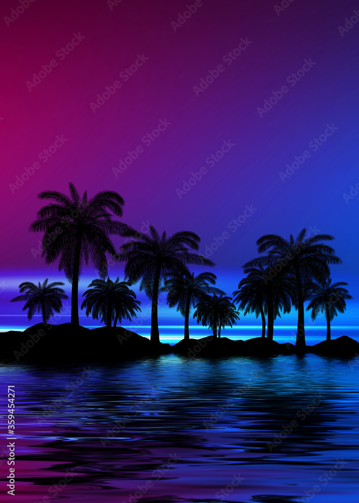 Silhouettes of tropical palm trees on a background of abstract b