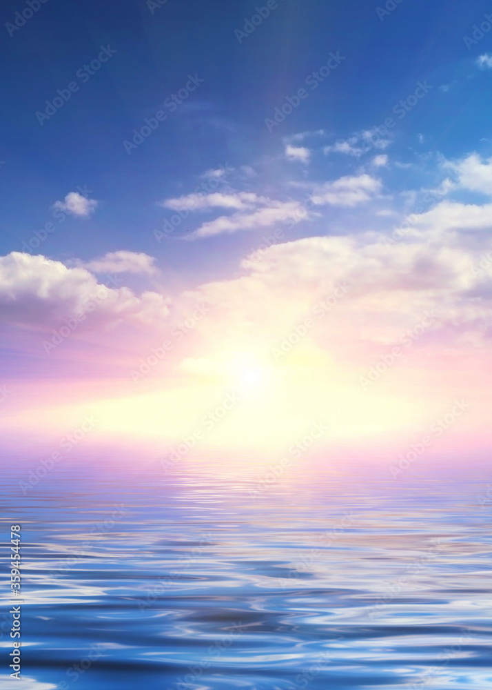 Summer landscape. Blue sea and blurry sky with fluffy clouds. Br Summer landscape. Blue sea and blurry sky with fluffy clouds. Br