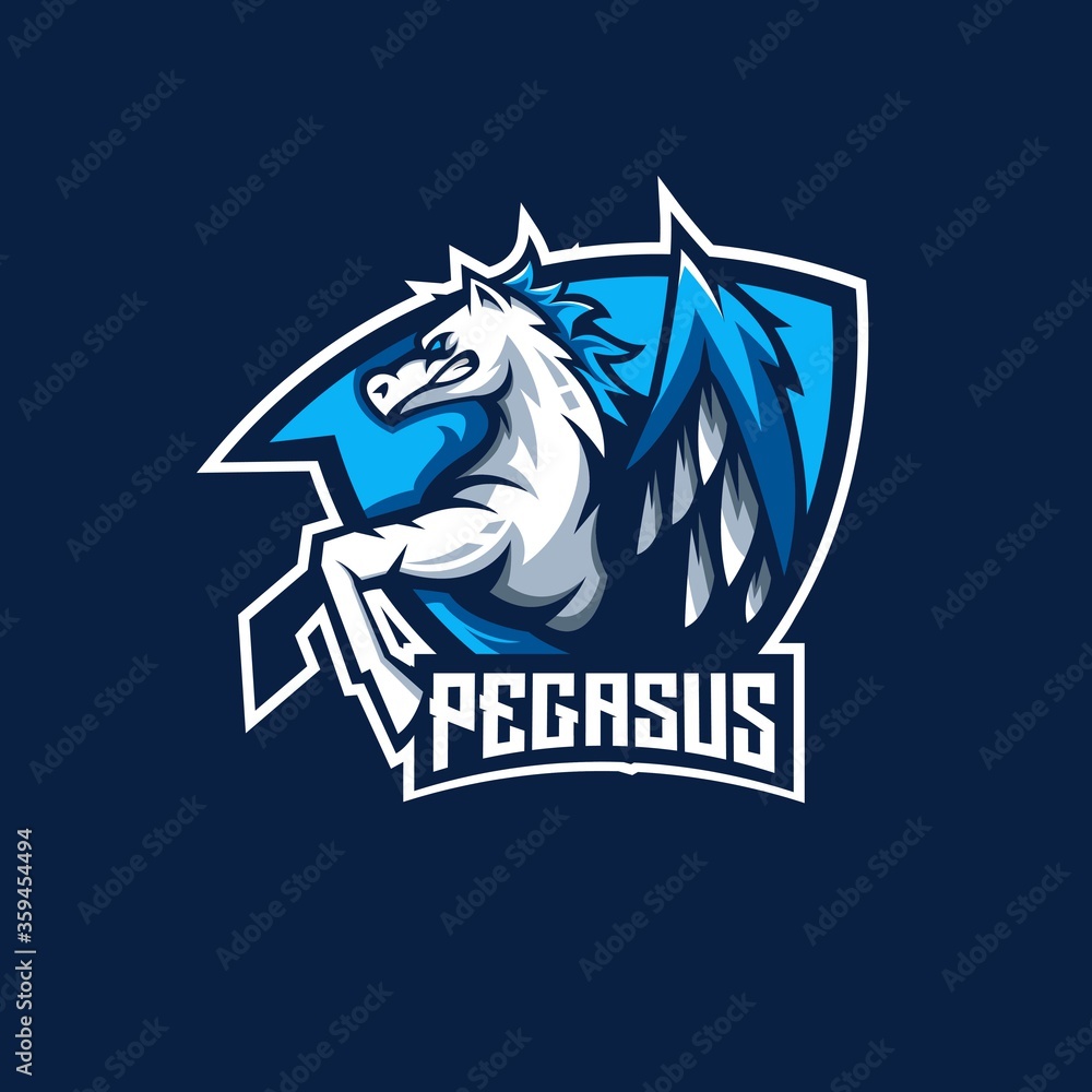 Pegasus athletic club vector logo concept isolated on dark background for badge, emblem and t shirt printing. Modern sport team mascot badge design.