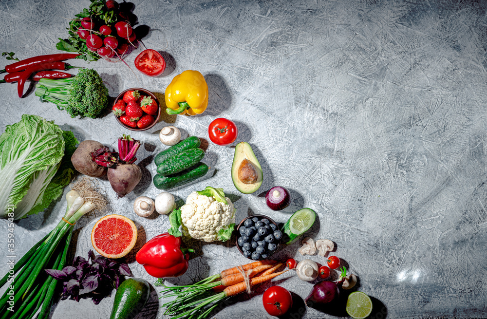 Assortment of fresh fruits and vegetables. Concept of healthy food Assortment of fresh fruits and vegetables. Concept of healthy food