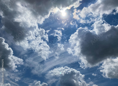 View into deep blue sky with stratocumulus and cirrus clouds on windy day announcing occasional summer rain showers photo